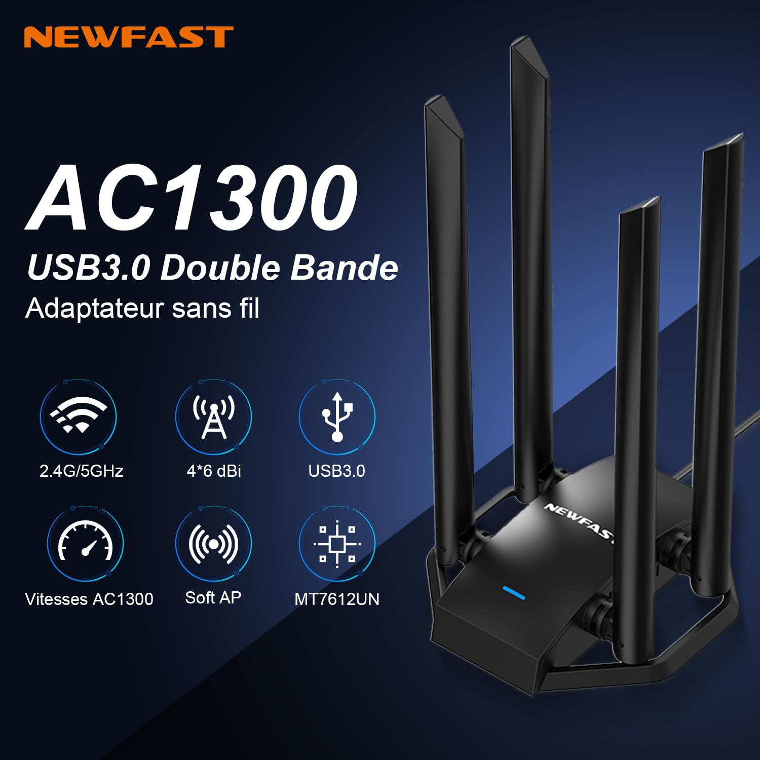 NEWFAST AC1300 Mbps Clé WiFi pour PC U329, Clé WiFi Puissante Double Bande 5G/2.4G Clé Wi-FI USB 3.0, MU-MIMO, Adaptateur USB Wi-FI avec 4 Antenne 6dBi, Compatible avec Windows XP/7/8/8.1/10/11