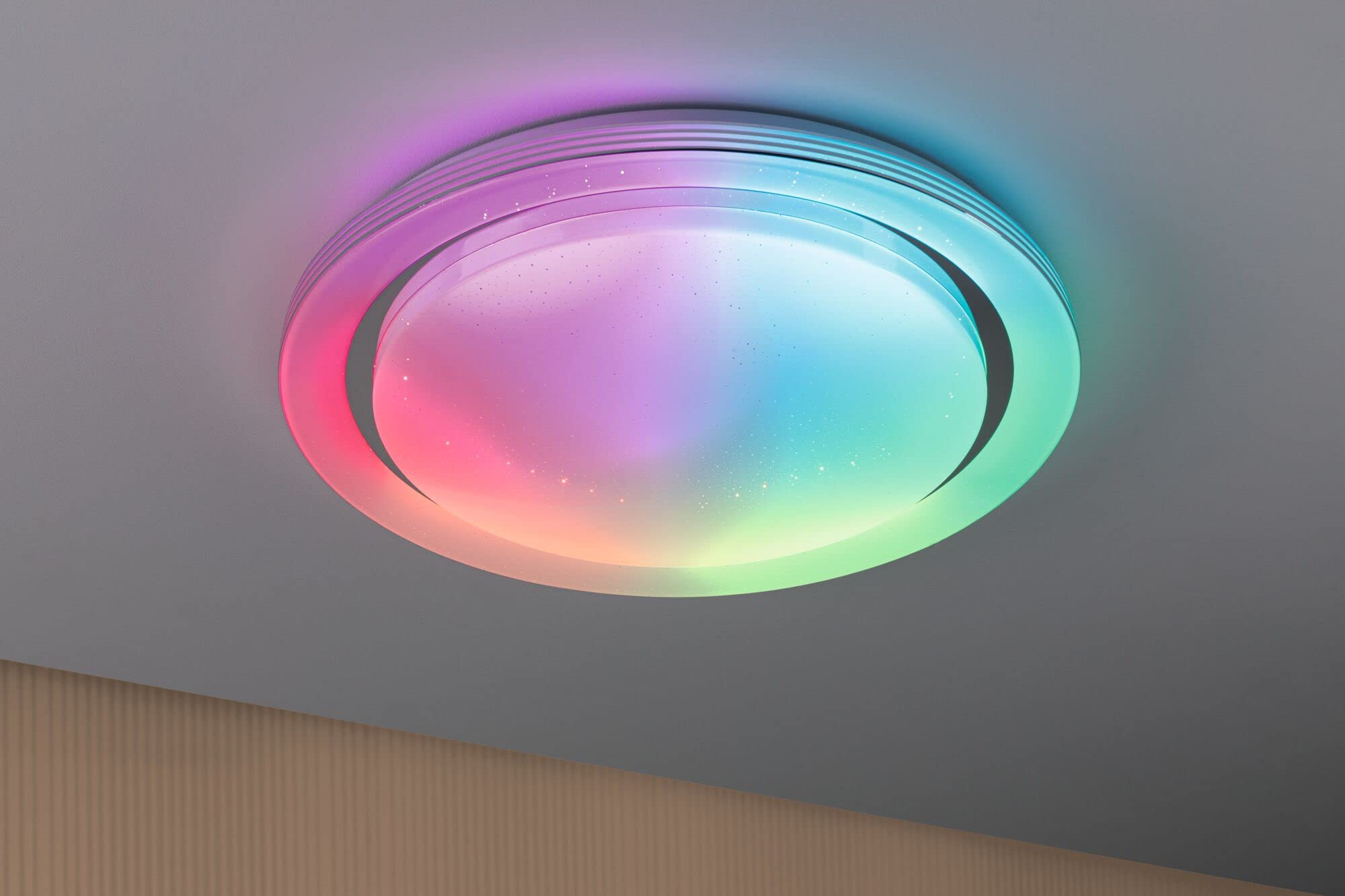 Paulmann 70547 LED Deckenleuchte Rainbow mit Regenbogeneffekt incl. 1x38,5 W dimmbar dynamicRGBW Farbsteuerung Chrom, Weiß Kunststoff, Metall 3000 K
