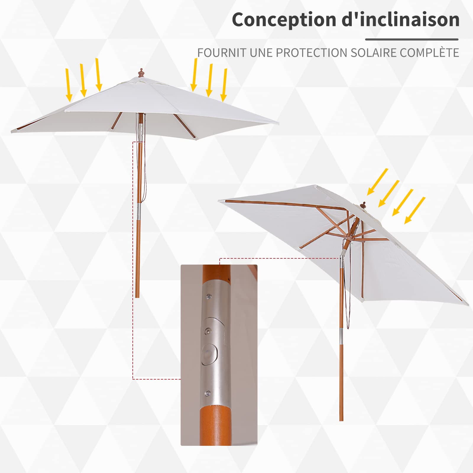 Outsunny Parasol de jardin extérieur Parasol rectangulaire inclinable bois polyester haute densité 2L x 1,5l x 2,3H m crème