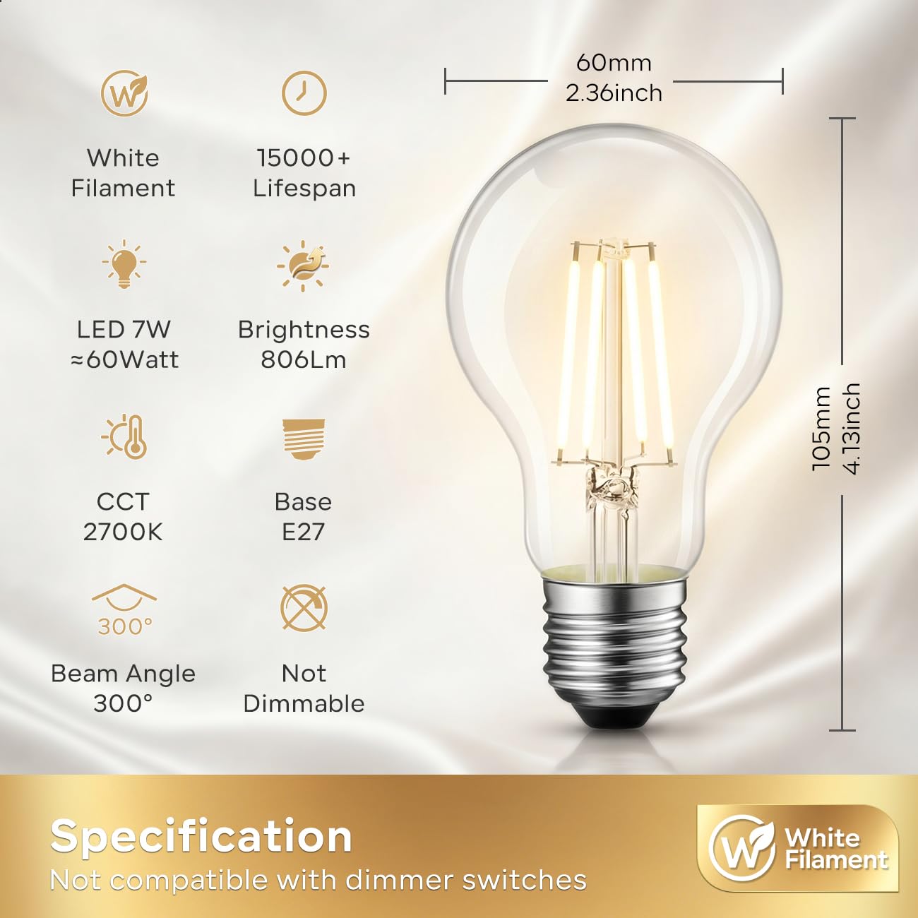 LVWIT Lampadine Filamento LED Attacco E27,Filamento Bianco, 7W Equivalenti a 60W, 806LM, Luce Bianca Calda 2700K, Forma a Pera A60 Stile Vintage, Non Dimmerabile, Alto CRI≥80, Confezione da 6