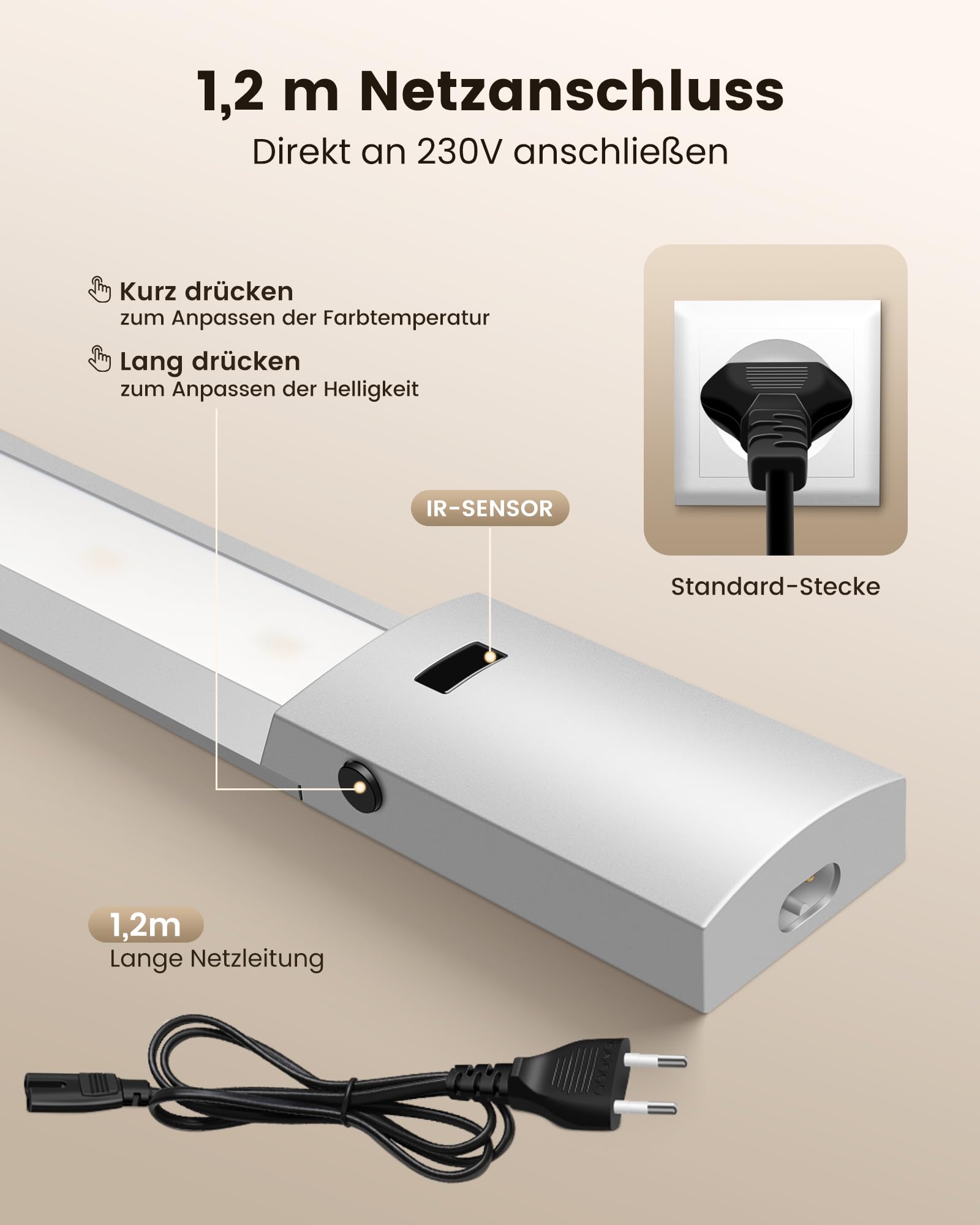 ALUSSO 60cm Unterbauleuchte küche LED Dimmbar, 3 Farbtemperatur Lichtleiste mit Berührungsloser Sensor, Ultra Dünn Unterschrank Beleuchtung für Schrank, Regale, Werkbank, 780Lumen, 1 Stück