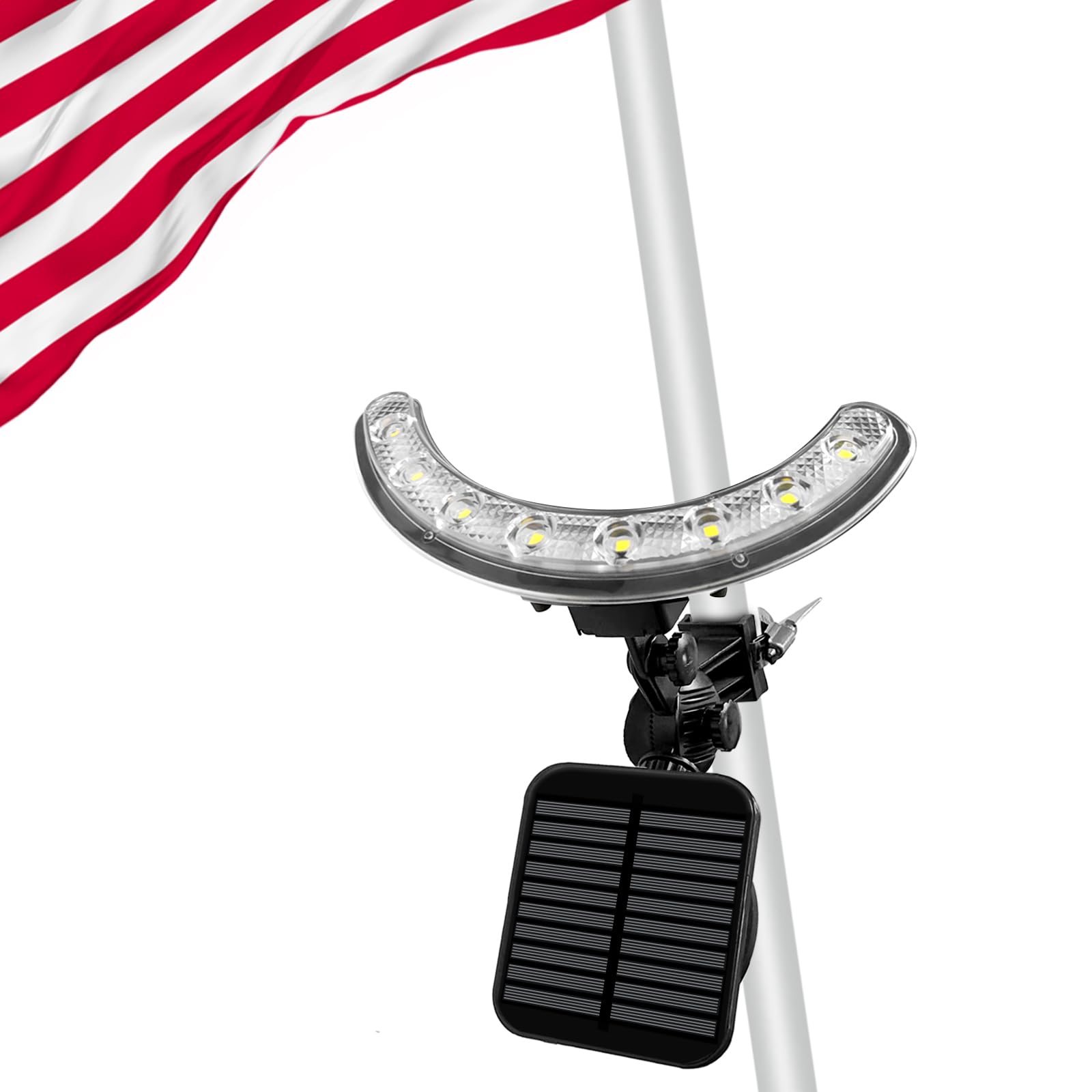 Solar-Fahnenmast-Licht, solarbetrieben, superhelle PC-Kristall-LED-Strahler, verbesserte 8000 mAh 4800 lm, verstellbare Halterung und Metallklemme, passend für 2,5–3,8 cm Fahnenmast, 8–12 Stunden
