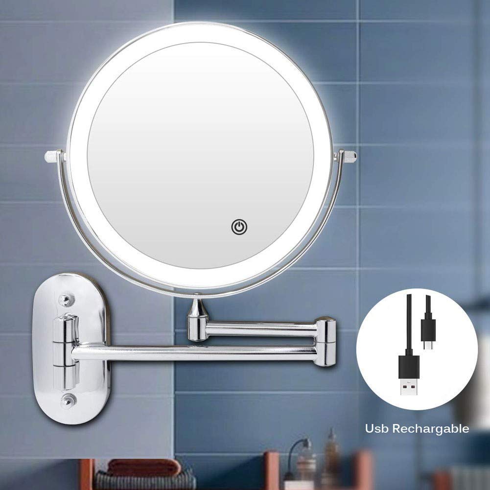 Wandmontierter Kosmetikspiegel,5-fache Vergrößerung,doppelseitiger,klappbarer LED-Badezimmerspiegel,ausziehbarer,um 360° schwenkbarer und beleuchteter Kosmetikspiegel