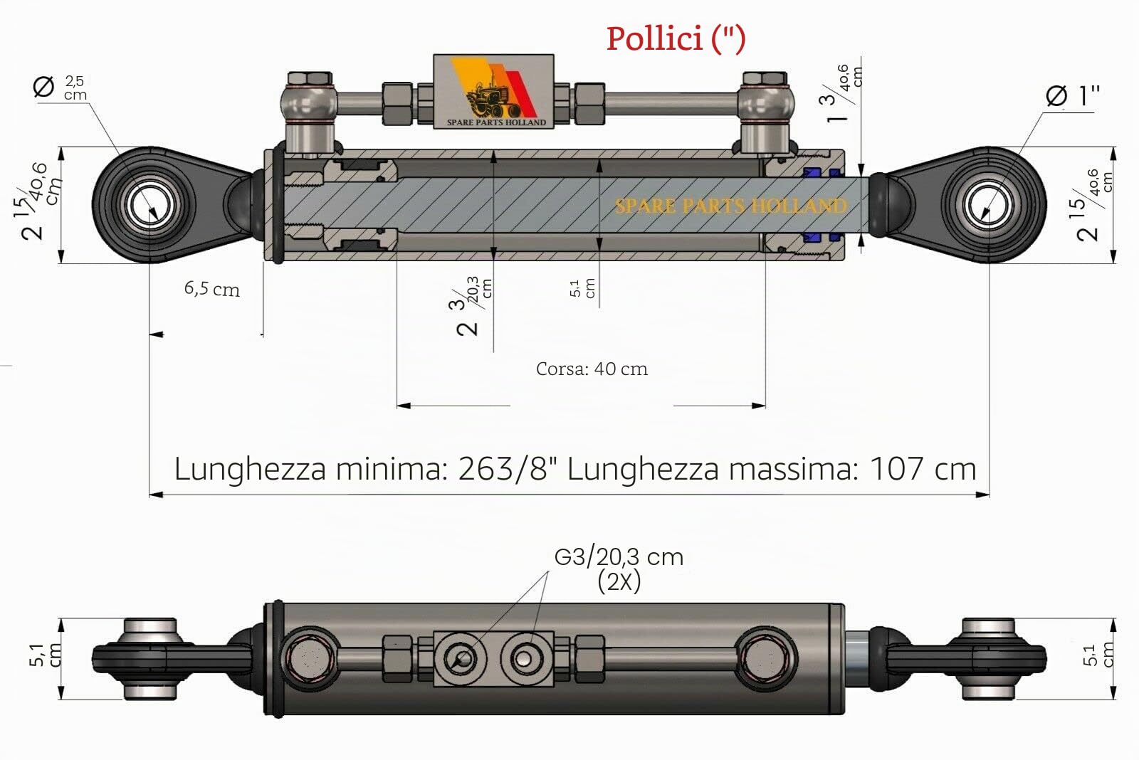 Terzo punto idraulico per trattore CAT 2-2 670-1070mm completo di tubi e nippli