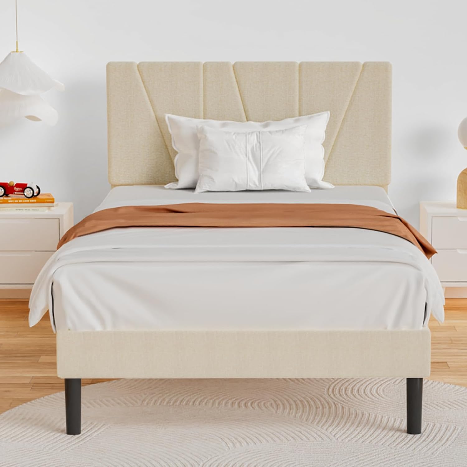 Flolinda Twin Size Bed Frame Upholstered Platform with Adjustable Headboard and Strong Wooden Slats, No Box Spring Needed, Easy Assembly,Beige