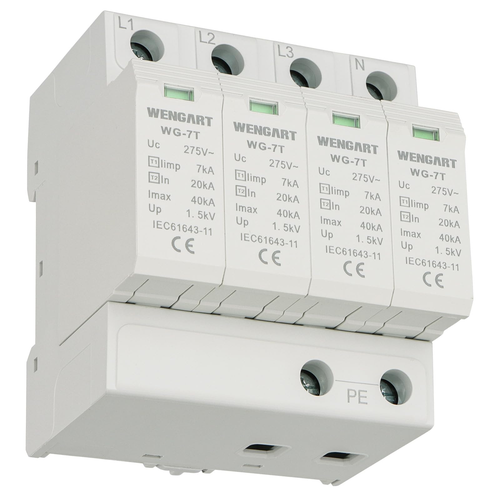 Wengart Dispositivo de protección contra sobretensiones WG-7T,protección de Nivel T1+T2,limp7kA 20-40kA AC275V, Protector contra sobretensiones doméstico Montaje en riel DIN (4P)