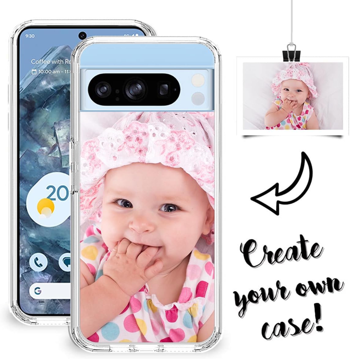 Custom Phone Case for Google Pixel 8 Pro 5G,Bumper Heavy Duty Photo Phone Case Shockproof Personalized Case with Screen Protector 3 in 1 Military Grade Full Body Protective Picture Phone Cover Clear