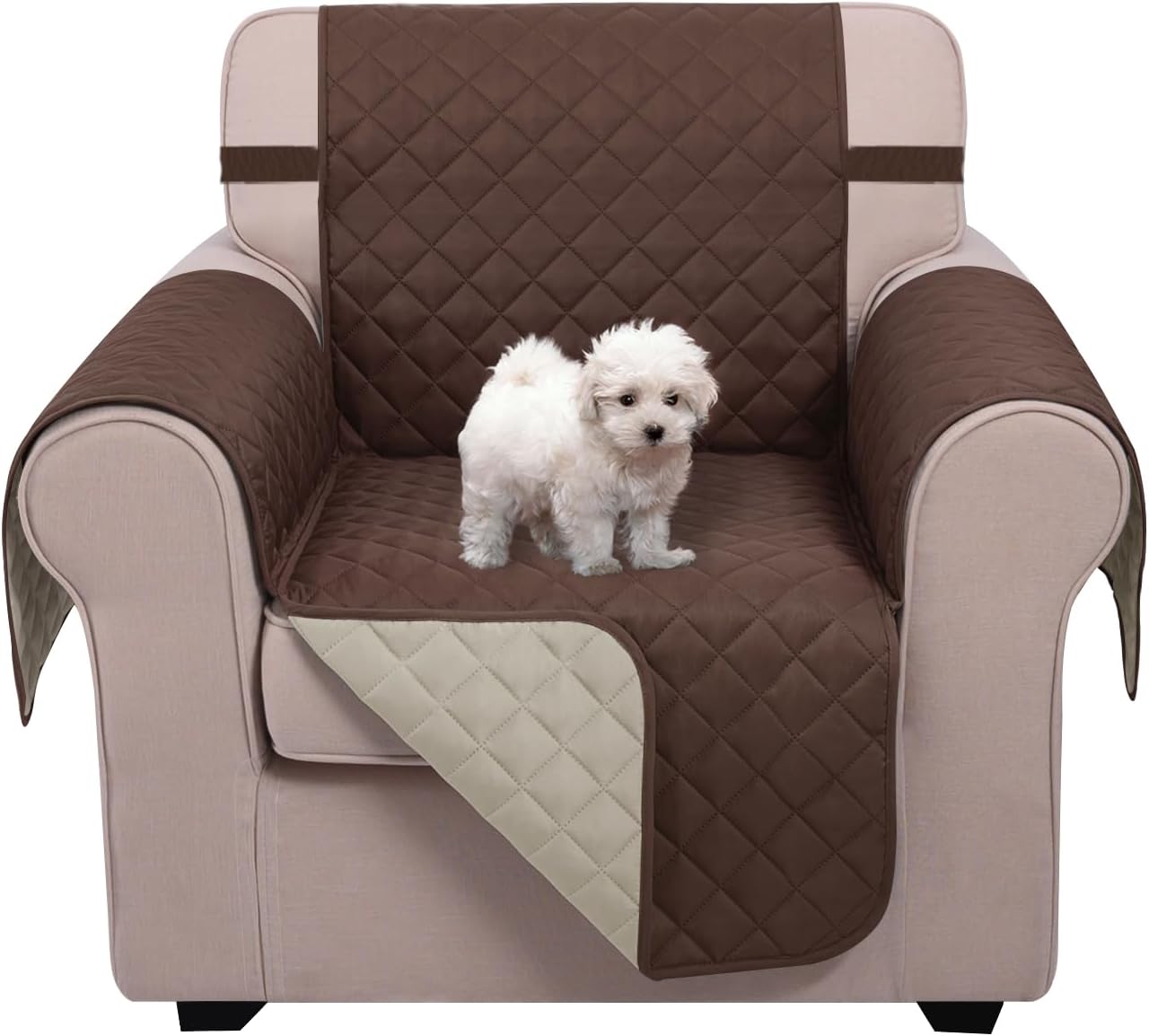 U-NICE HOME Recliner Chair Covers Reversible Chair Cover Pet Covers for Dogs with Elastic Straps Water Resistant Diamond Quilted (23''Recliner Small, Coffee/Beige) Coffee/Beige 23''Recliner-Small