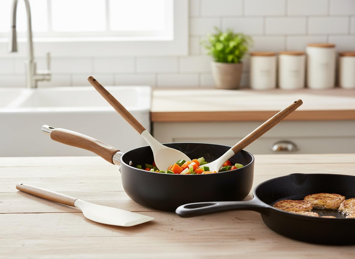 Ahşap Saplı 3'lü Silikon Mutfak Gereçleri Seti - Isıya Dayanıklı Yanmaz Yapışmaz Spatula ve Servis Kaşığı Takımı, Ergonomik Tasarım