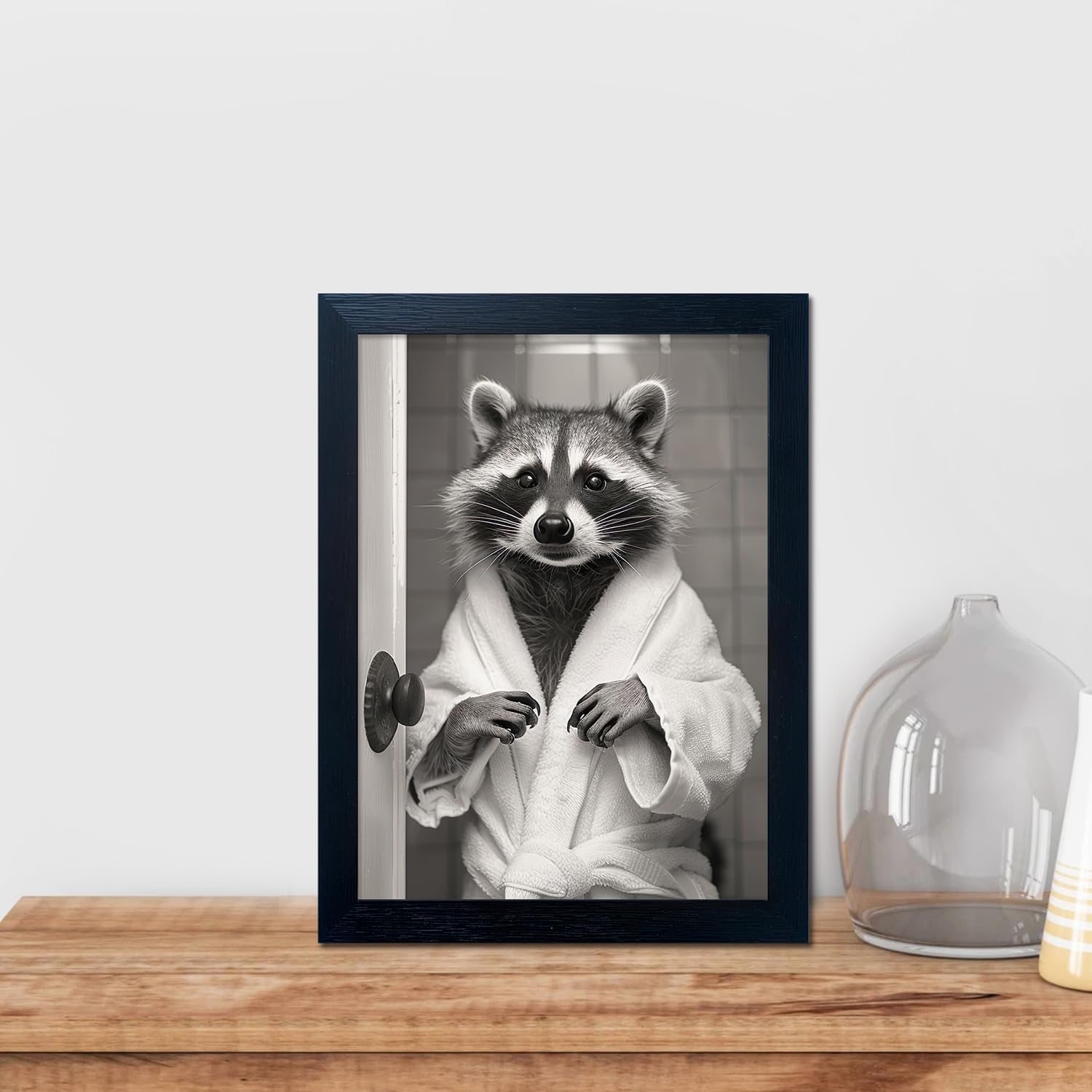 Black And White Raccoon Bathroom Decor Wall Art Funny Wall Decor Cute Animal Picture Canvas Art Framed Farmhouse Raccoon Bathrobe Painting Restroom Decoration image 5