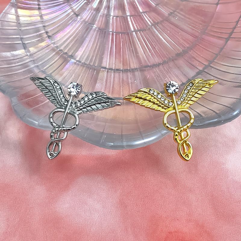 Image of Dreuyet Medical Caduceus Angel Nurse Brooch Pins for Nurse Doctor Medical Symbol Stethoscope Snake Caduceus RN Nursing Badge Crystal Brooches Lapel Pin Wand Brooch Doctor Nurse Therapist Appreciation Jewelry Gift