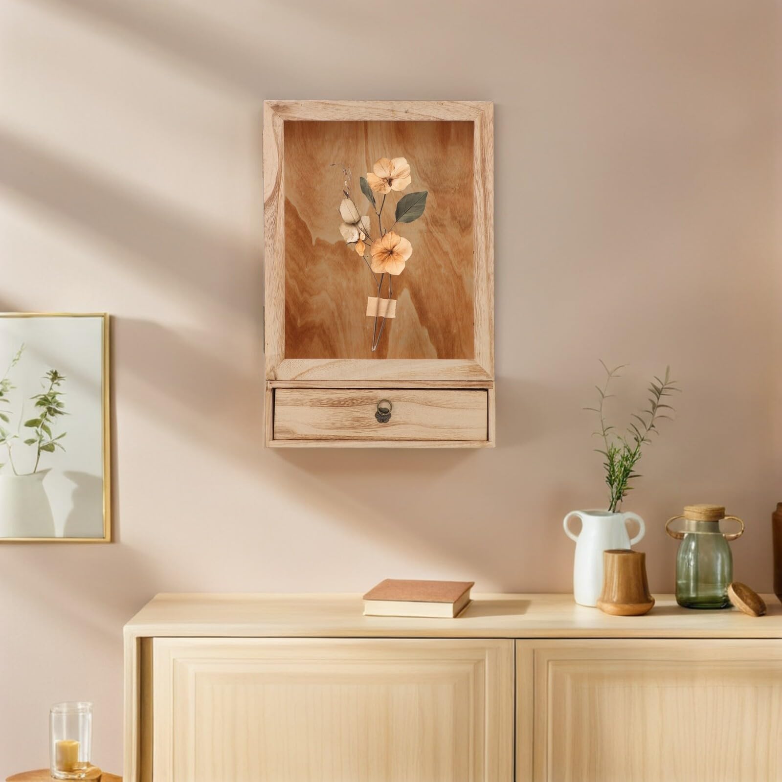Veemoon Caja De Muestra De Madera Sólida Bastidor Vitrina para Coleccionables Marco De La Imagen Light Brown