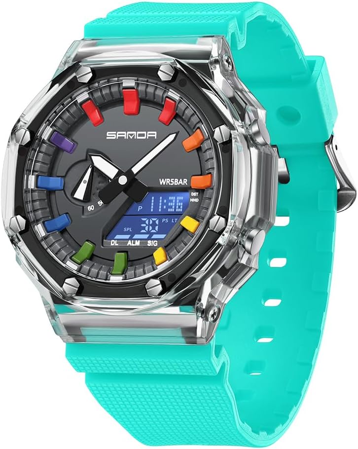 Unisex Digital Sports Watch 5ATM Waterproof Multifunction Tactical Analog-Digital Watch with Stopwatch, Alarm, LED Backlight, Transparent Strap