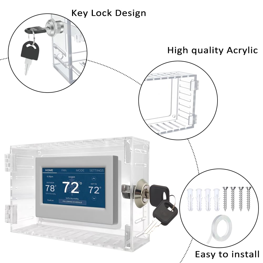 Thermostat Lock Box With Key, Universal Thermostat Guard Box Clear Thermostat Cover On Wall,Acrylic Thermostat Protector Box Fits Thermostats 6.8" X 4" X 2" Or Smaller