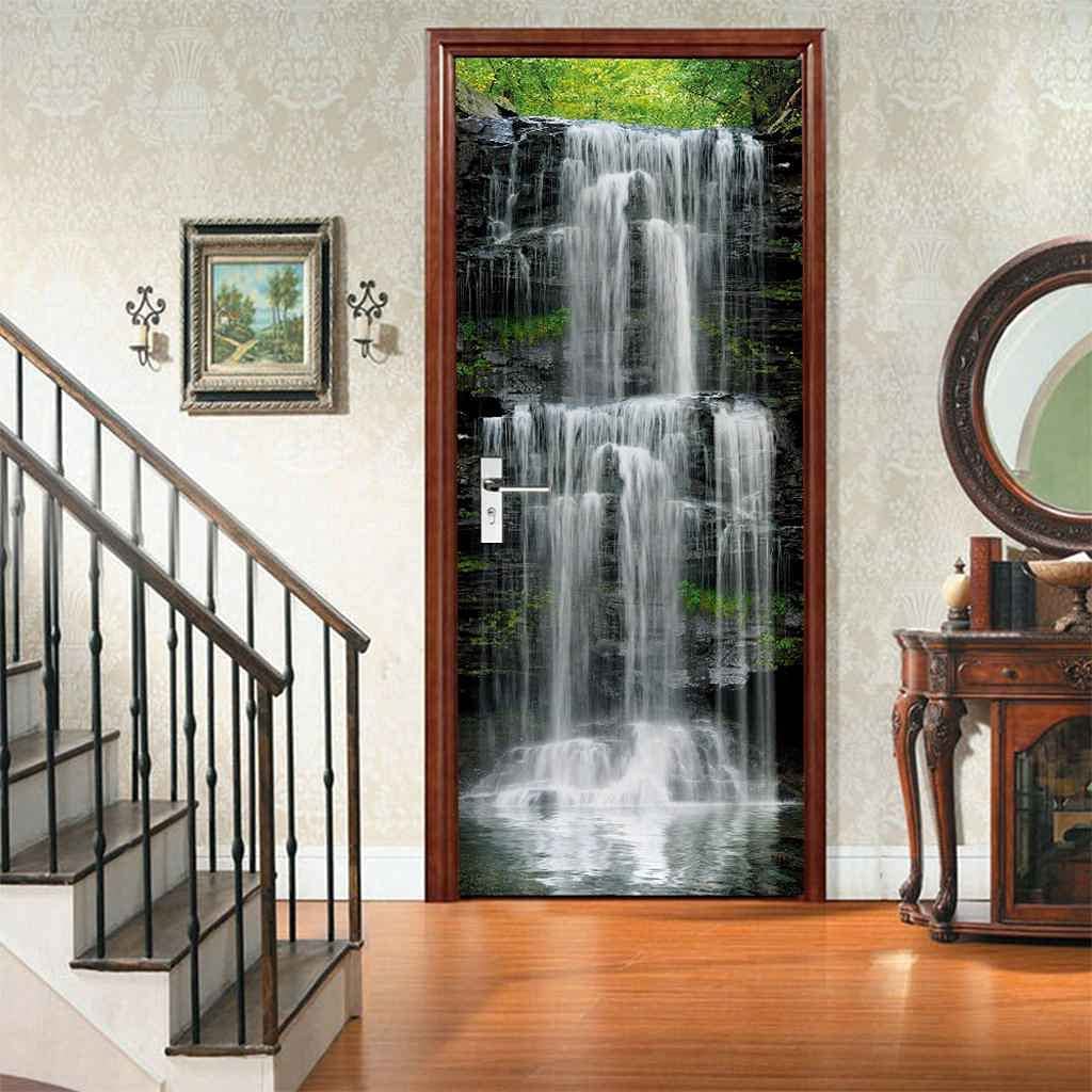 Papier Peint Adhésif Porte Cascade Montagne 3D - 77x200 Cm, Auto-Adhésif, Sans Colle, Pour Mur/Porte, Décoration Salon/Chambre