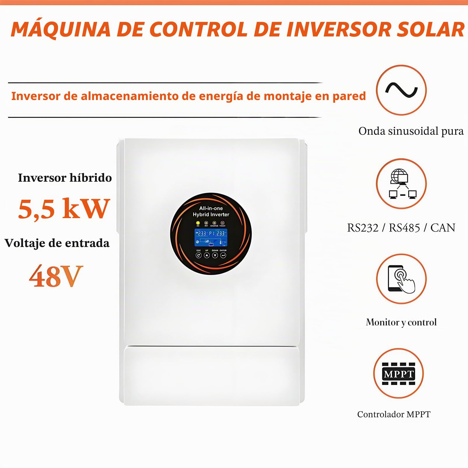 Inversor Solar híbrido de 5500 W, Onda sinusoidal Pura de 48 V a 110 V/220 V, Controlador de Carga MPPT de 120 A Integrado, Compatible con Carga Solar, de Servicios públicos y de generador