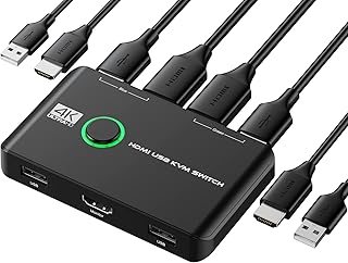 4K KVM Switch HDMI 2 Port Box, USB HDMI KVM Switches for 2 Computers Share Keyboard Mouse Printer and one HD Monitor, Support UHD 4K@60Hz, with 2 USB Cables and 2 HDMI Cables