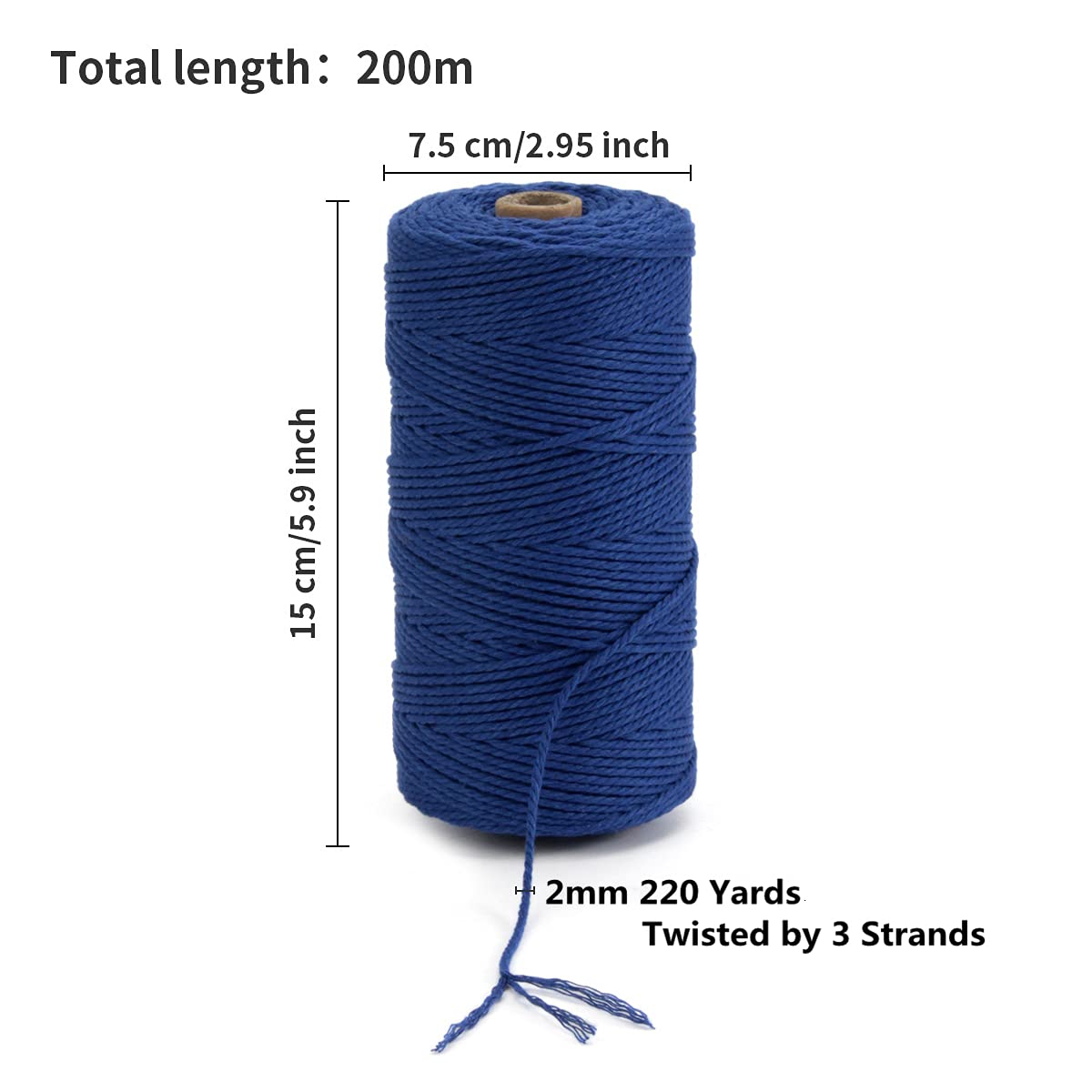 POZEAN sznurek do makramy, 2 mm x 220 m (ok. 200 m), kolorowa lina do makramy, 100% naturalna bawełniana lina do powieszenia na ścianie, wieszaki na rośliny, rękodzieło, robótki na drutach, Boże