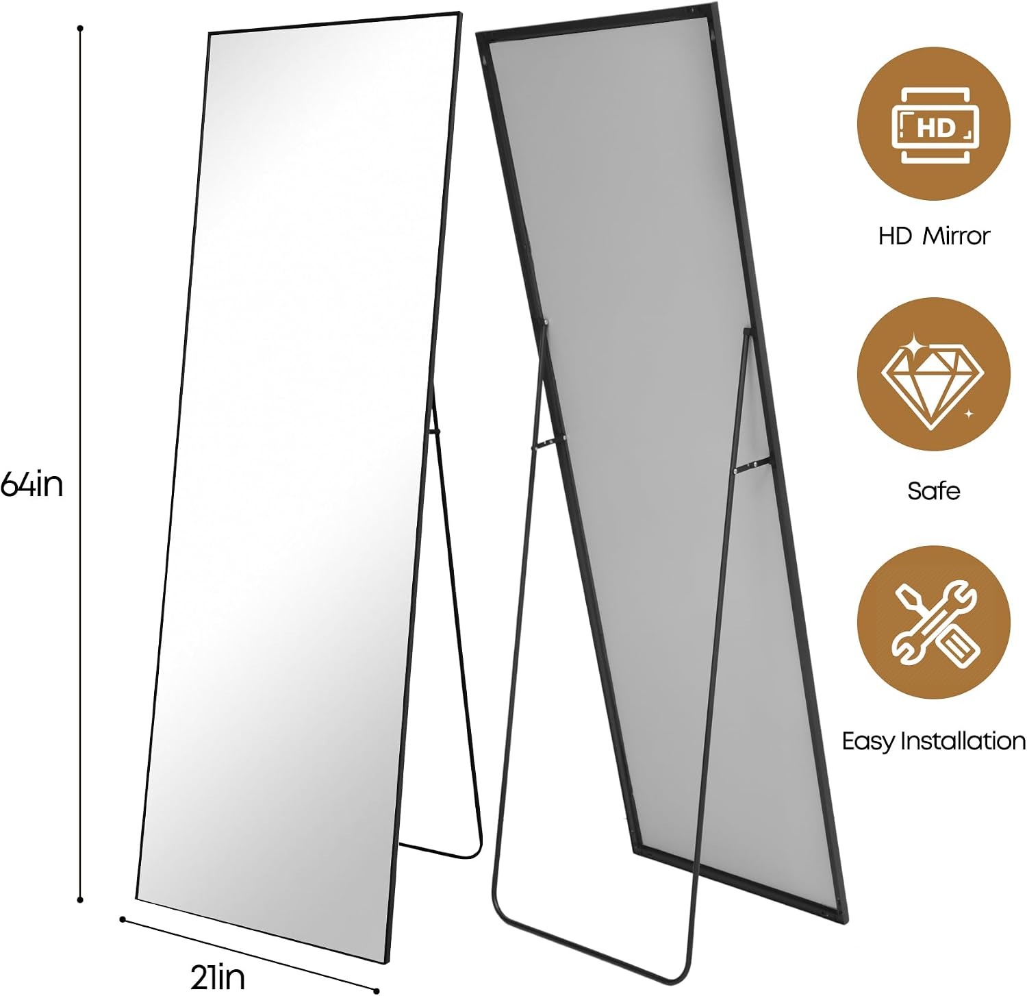 64"x21" Full Length Mirror with Stand, Black Metal Frame Floor Mirror, Hanging, Standing or Leaning Against Wall, Tempered Full Body Mirrors for Room Decor, Living Room, Bedroom