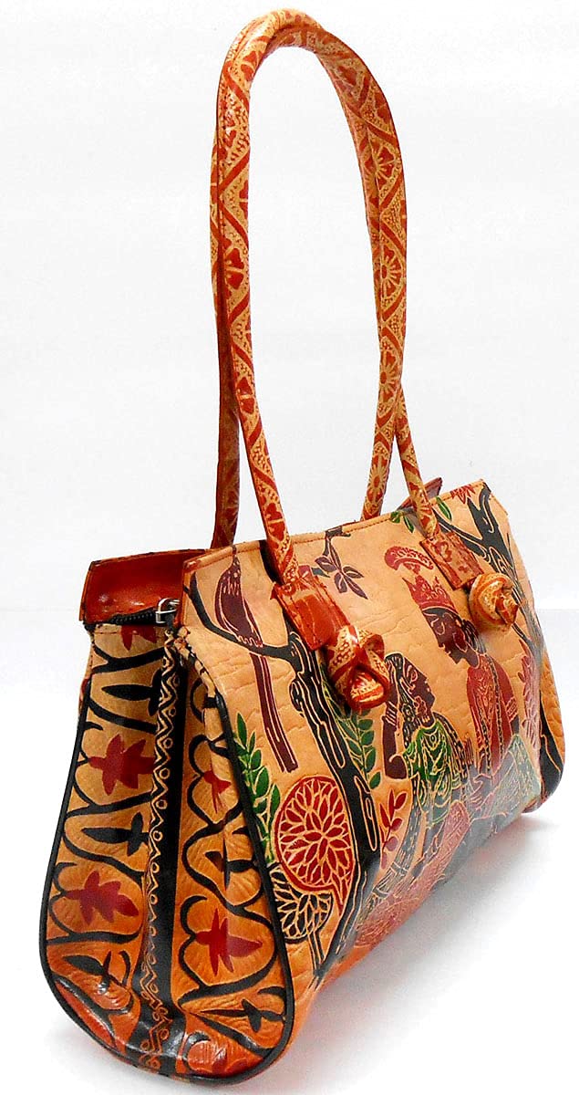 Crafts of India Divine Lovers Radha Krishna Design Ethnic Hand Embossed Shantiniketan Leather Indian Shoulder Bag