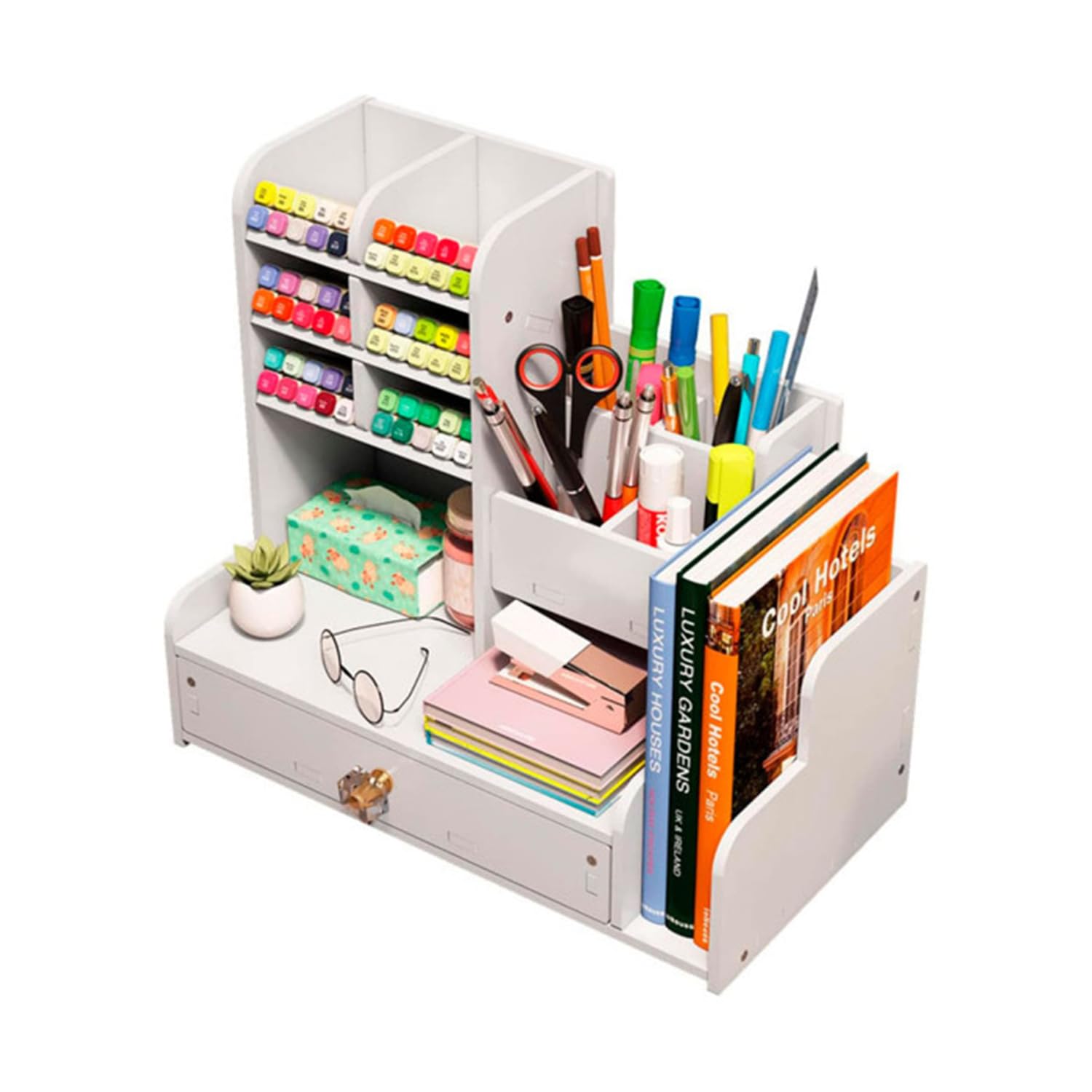 Schreibtisch Organizer - mit Stiftehalter - 14 Sortierfächer und Schublade - Büro Home Office Schule Zubehör - Weiß