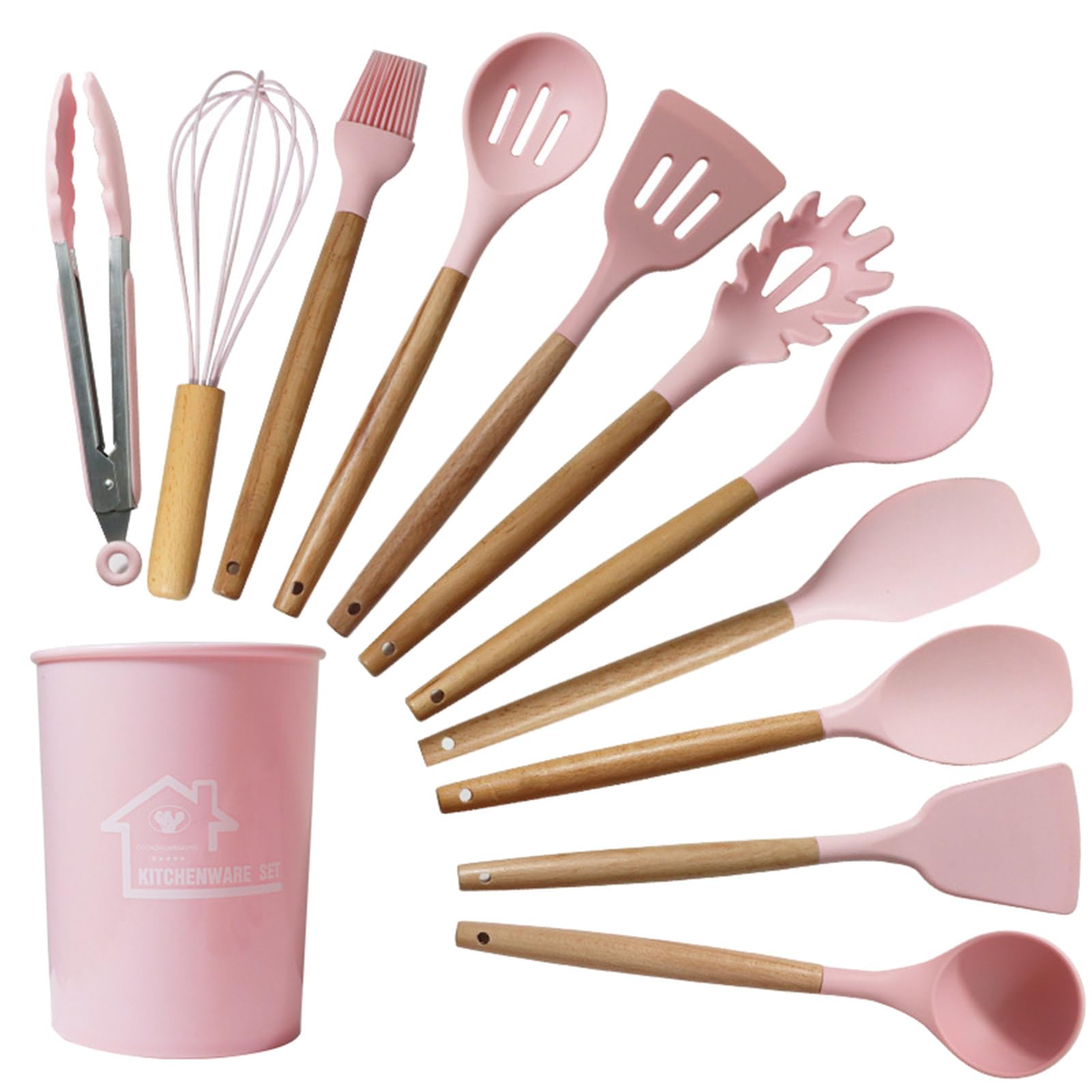 Tsophreniq 12Piece Silicone Turner Tongs Spatula Spoon Kitchen Gadget Utensil Set for Nonstick Cookware with Wood Handle Home Silicone Spatula with Wood Handle Easy to Clean