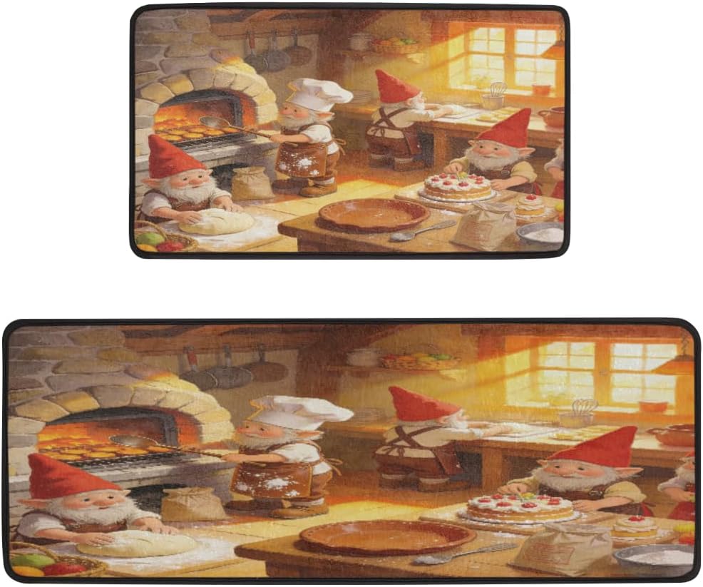 Anti Fatigue Gnome Stone Oven Bakery Kitchen Mats for Floor 2 Piece Set, Waterproof Non Slip Boho Kitchen Floor Rugs, Comfort Standing Mat for Sink Laundry & Home Kitchen 17"x47"+17"x29"