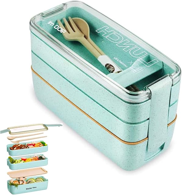 TIAASTAP 3 Layer Bento Lunch Box, Bento Box Lunch Box with Compartments, Japanese Lunch Container Kids Adults with Fork Spoon for Work Leakproof Sandwich Box Microwave Safe (Green)