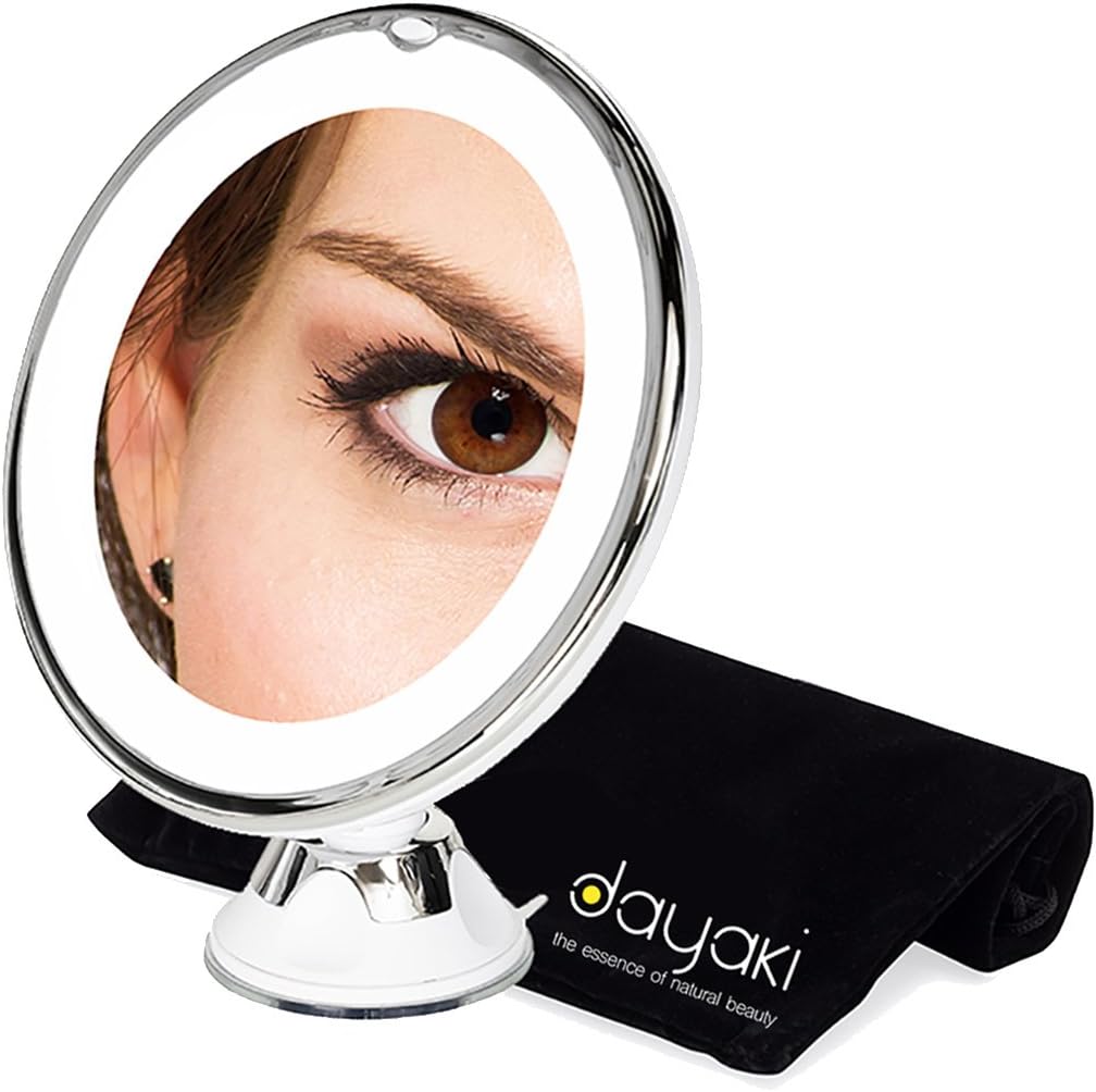 Magnifying Travel Lighted Makeup Mirror - 10 x Magnification for Flawless Make Up Application and Tweezing Eyebrows | Compact LED Vanity Mirror, Cordless, Locking Suction with BONUS Carry Bag