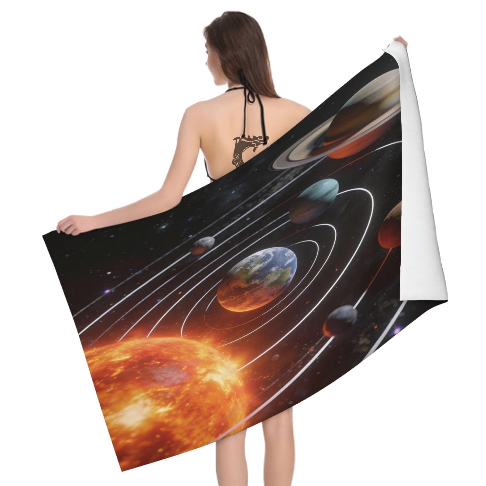 Leichong 3D Planet Orbit Beach Towel Large Microfiber Soft Quick Dry for Adults, The Planet Bath Towel Lightweight Soft Absorbent for Travel Swimming Pool Sports, 180 x 90 cm