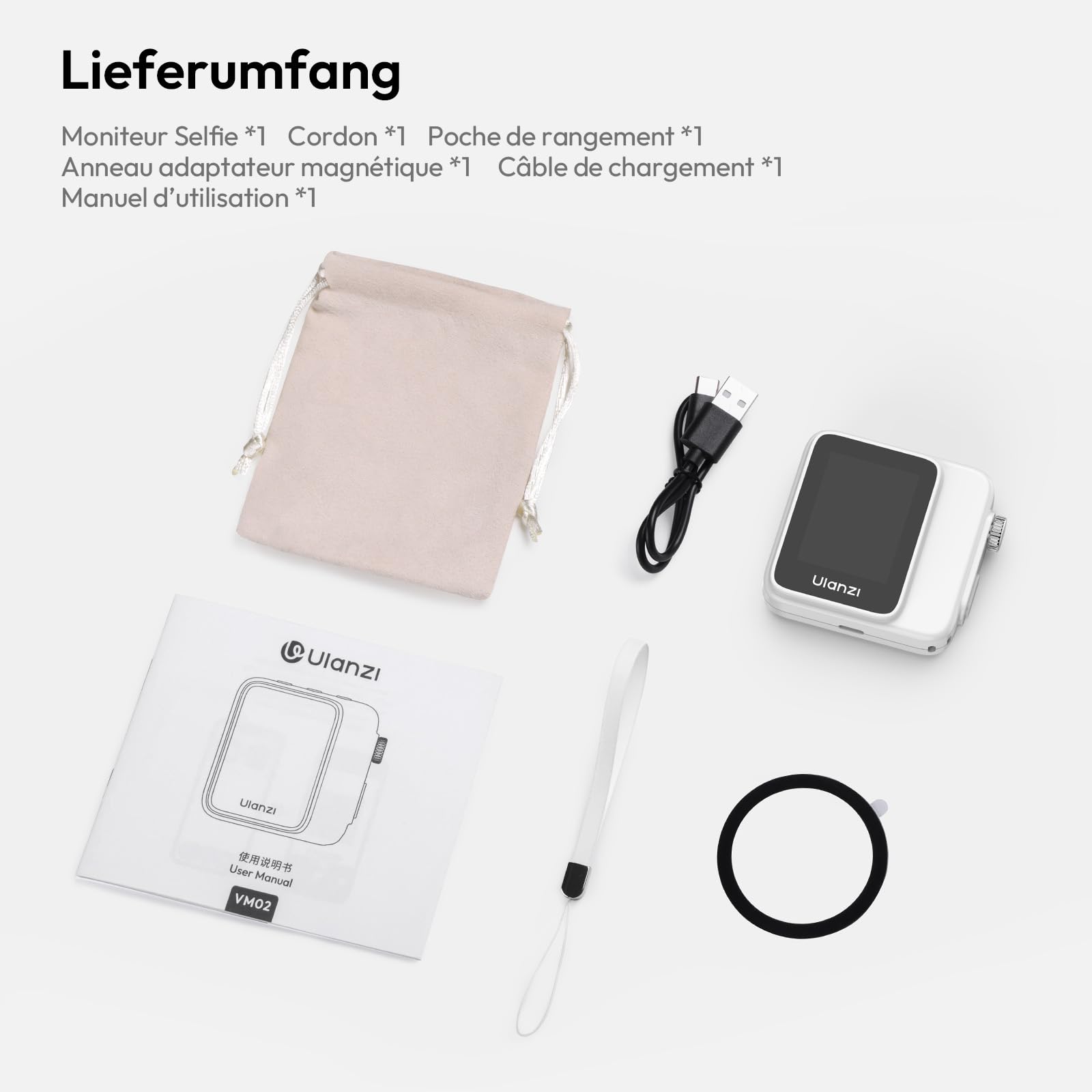 ULANZI VM02 Écran de moniteur de selfie pour iPhone et Android, moniteur de caméra arrière magnétique sans fil avec bouton de mise au point à distance, batterie 1000 mAh pour Vlog/diffusion en direct
