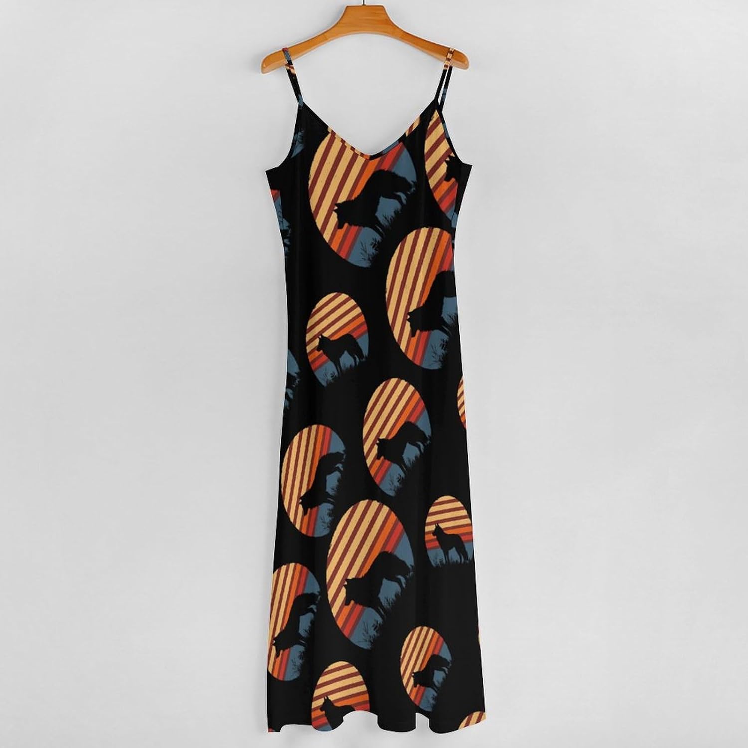 Vintage Wolf Maxi Dresses for Women V Neck Long Dress Sundress Spaghetti Straps Beach Dress