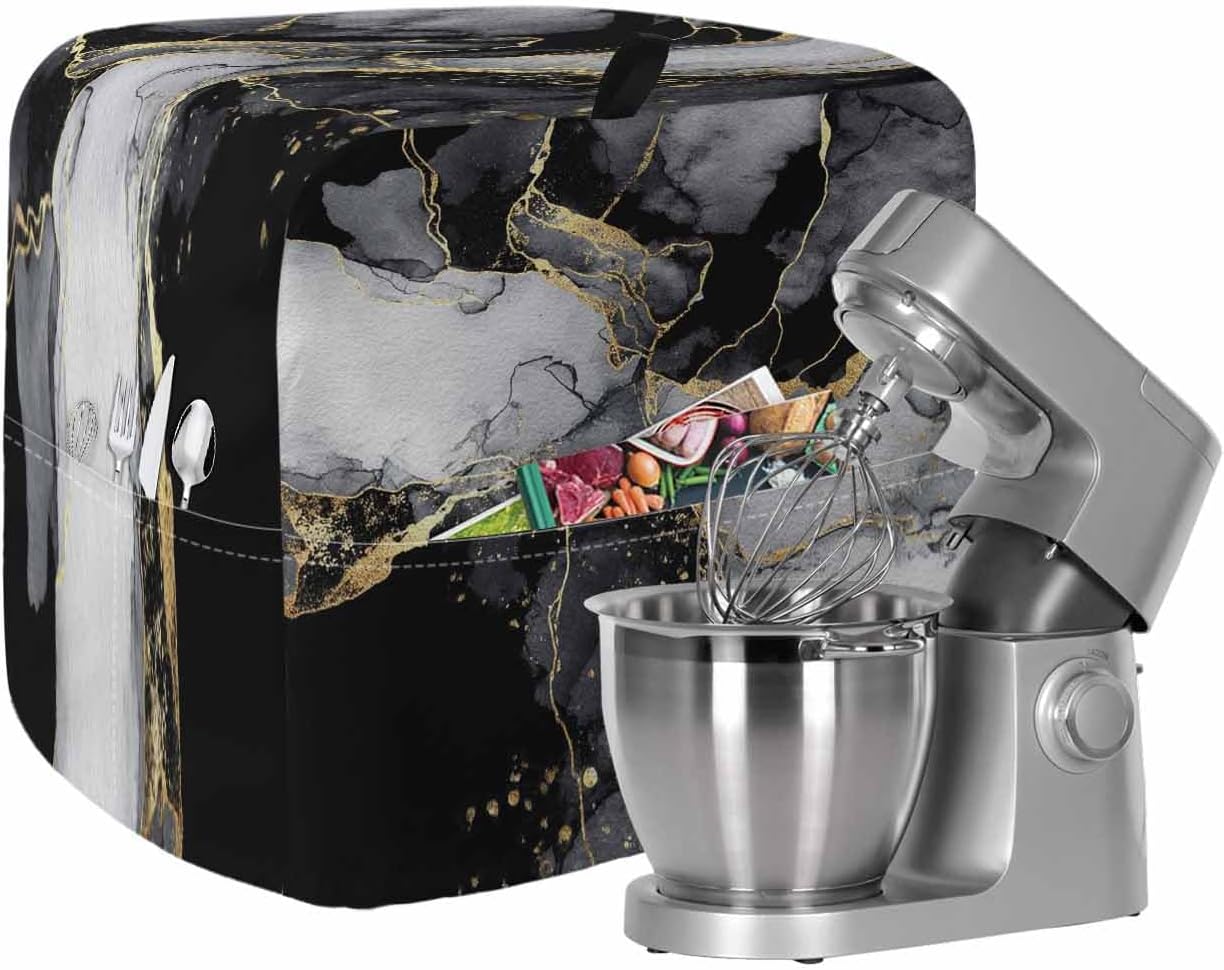 Black Grey Marble Stand Mixer Cover with Storage Pocket, Waterproof Kitchen Mixer Covers, Modern Gradient Abstract Aesthetic Kitchen Appliance Dust Cover Compatible with 4/4.5 Quart Mixers