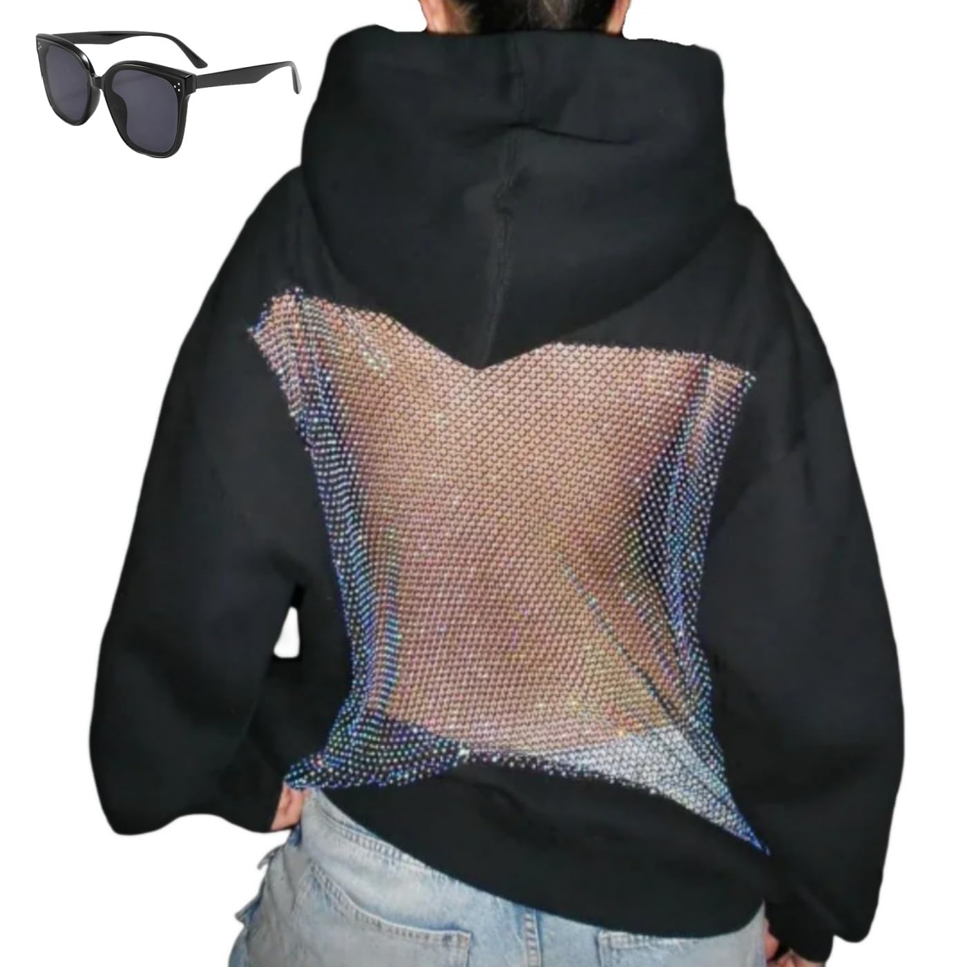 Hoodie Hollow Mesh Back Women's,Sexy See Through Long Sleeve Sweatshirt,Crystal Mesh Hoodie with Pocket