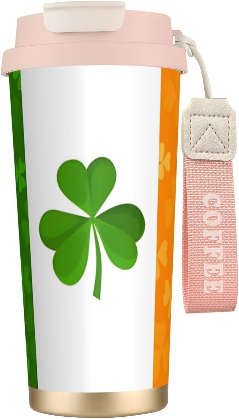 Unique Customized Coffee Mug - Insulated Stainless Steel Tumbler for Travel, Home & Office - 17 oz irish flag Pink
