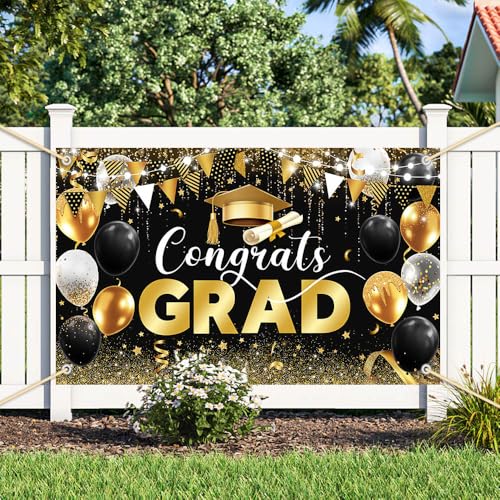 Image of AIBIIN 7x5ft Congrats Grad Backdrop Black Gold Glitter Balloons Congratulations Graduation Party Decorations Background for Photography Graduation Decorations 2025 Party Supplies