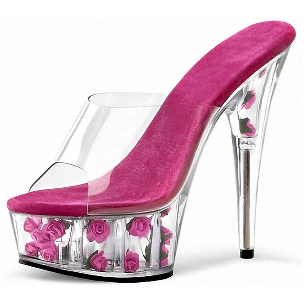 Hyfzxwx Women's H Yfzxwx Clear Ig Heels Red Rose Platform Mules Sandals Sexy Stripper Club Pole Dance Wedding Dress Party Shoes Large Size /H/39Eu