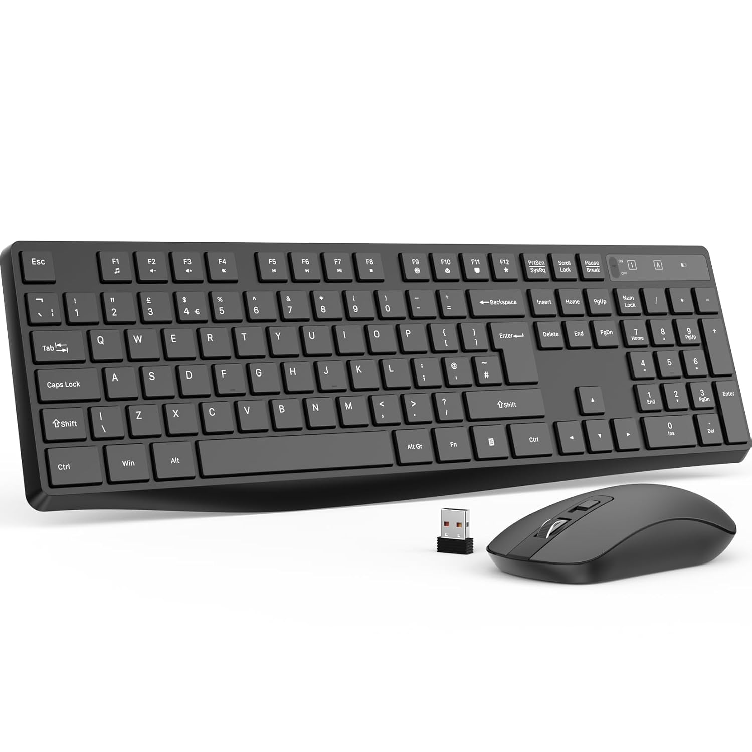 Wireless Keyboard and Mouse Set, Full Size Wireless Keyboard Ergonomic Design & Quiet USB Cordless Mouse Combo UK Layout, 12 Multimedia Shortcuts for Windows Computer PC Laptop Desktop ,Black