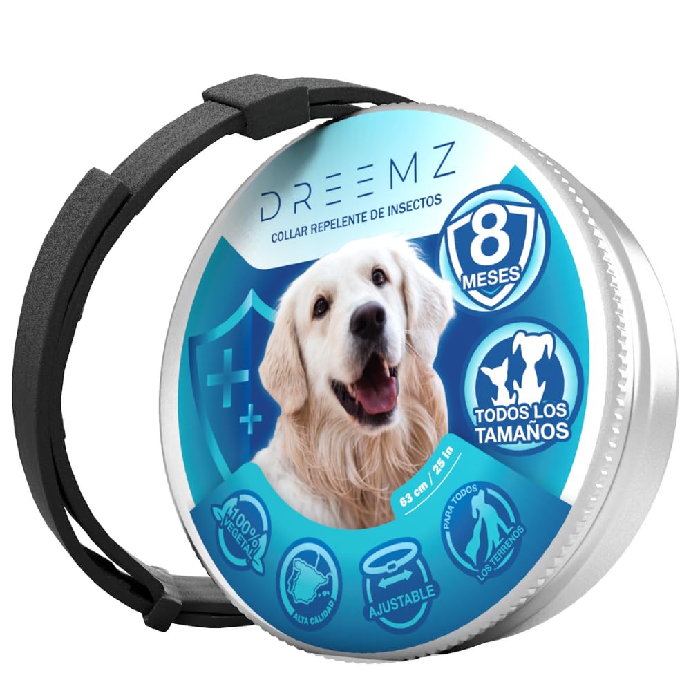 DREEMZ® Collar Repelente de Insectos - Antipulgas Perros, garrapatas y Mosquitos, 8 Meses protección-63cm -100% Vegetal-Impermeable - Formatos (1 Und Negro)