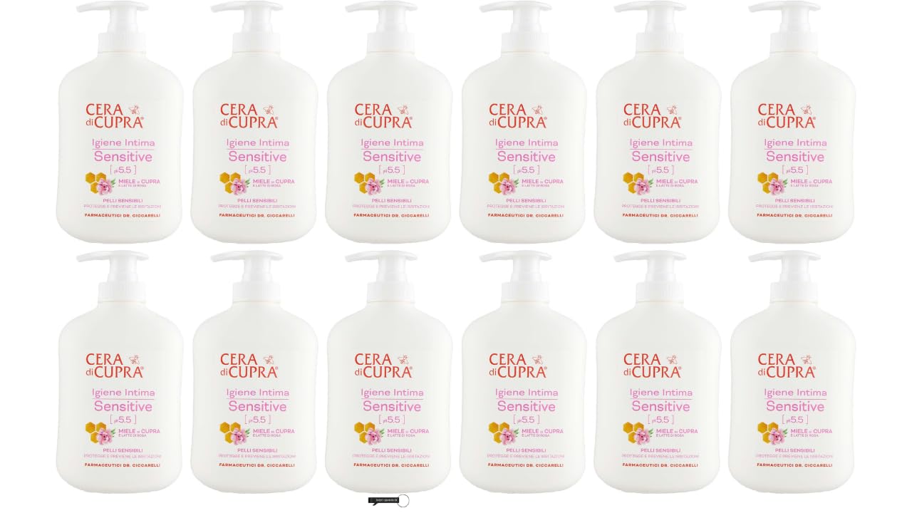 Cera di Cupra Igiene Intima Sensitive, lozione per lavaggio intimo, pH 5.5, con miele e latte di rosa, 250 ml, confezione da 12, + Italy shop portachiavi gratuito