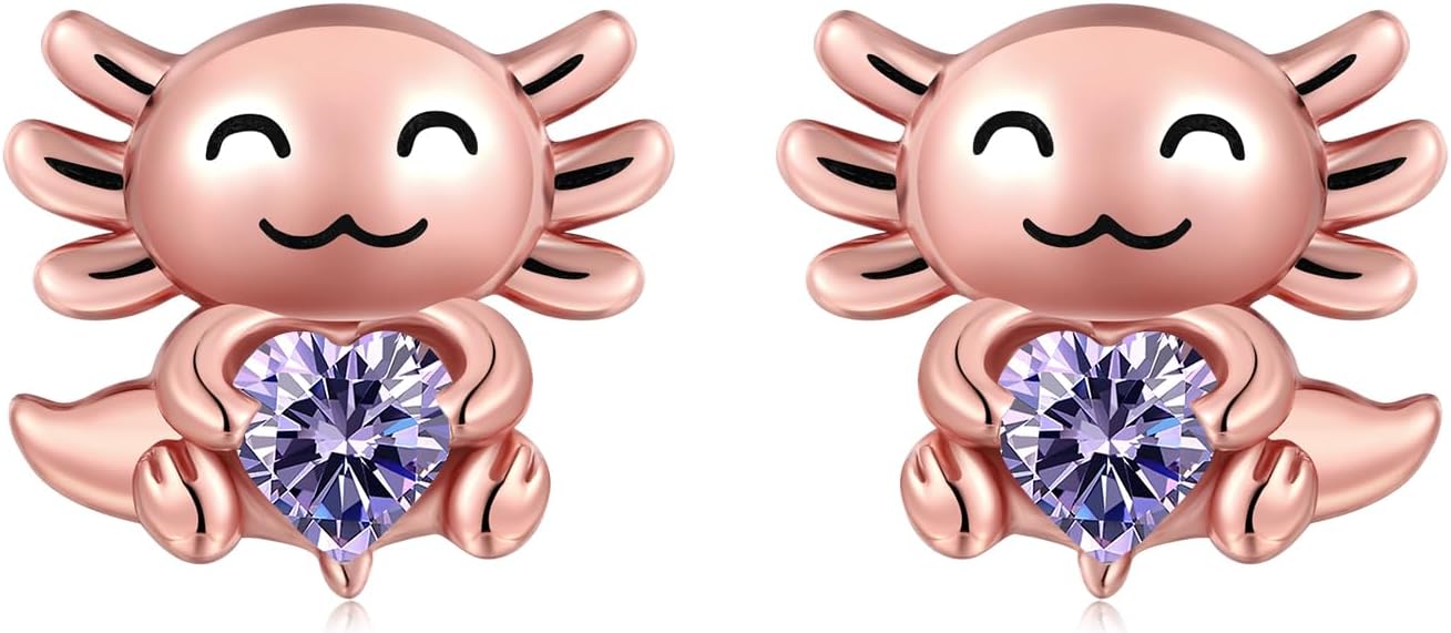 925 Sterling Silver Axolotl Stud Earrings for Women 1-12 Month Birthstone Adorable Axolotl Ear Stud Cute Animal Birthday Jewelry Gifts