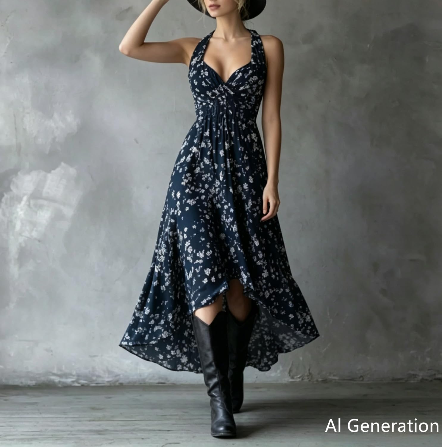 Vestido Largo Casual para Mujer con Estampado Floral, Cuello Halter y sin Mangas