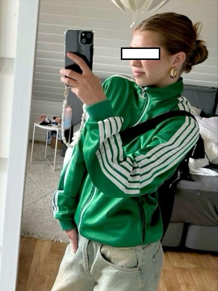 UAURORAO Women Striped Track Jacket Zip Up Oversized Vintage Bomber Jacket Stand Collar Lightweight Outwear Coat with Pockets3