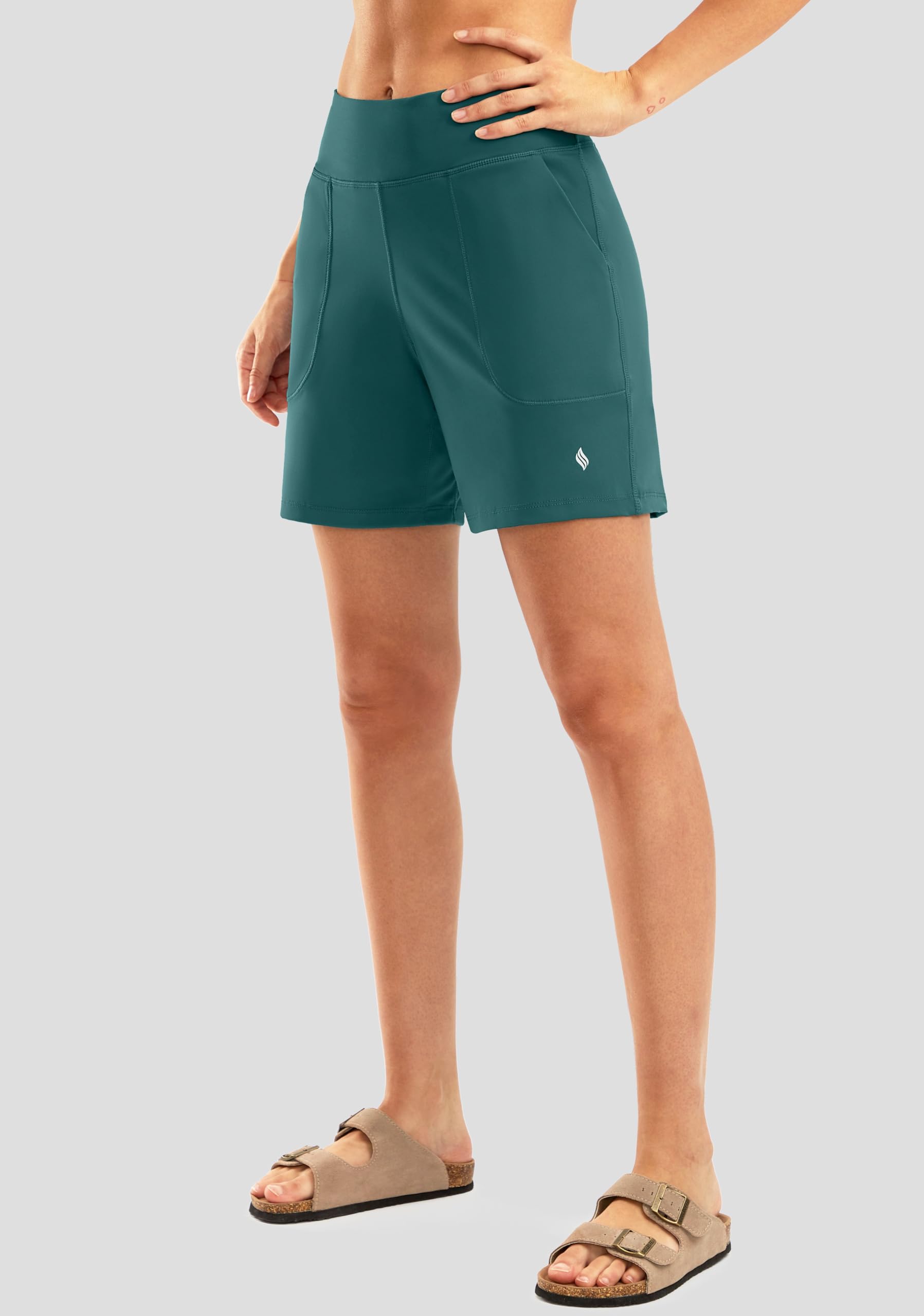 SANTINY Bermudas atléticas largas de 6 pulgadas con 4 bolsillos de cintura alta para mujer, para caminar, correr, casual