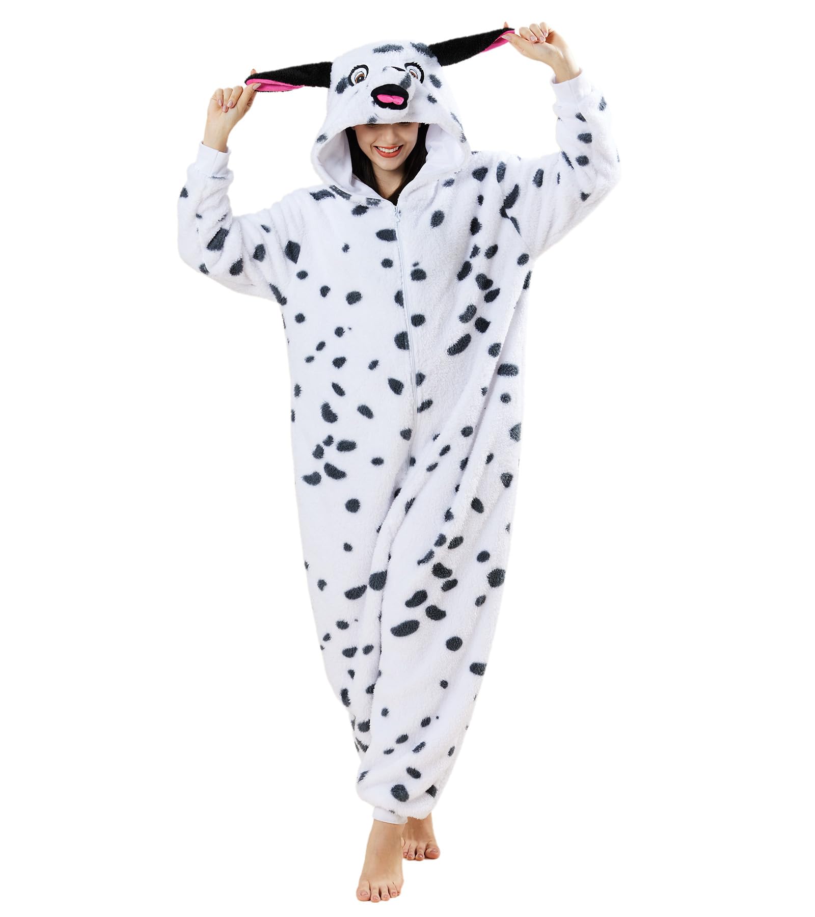 Dodheah Pijama unisex de Dálmata, disfraz de perro manchado, disfraz de Halloween, disfraz de animal para cosplay, overol de una pieza para adultos