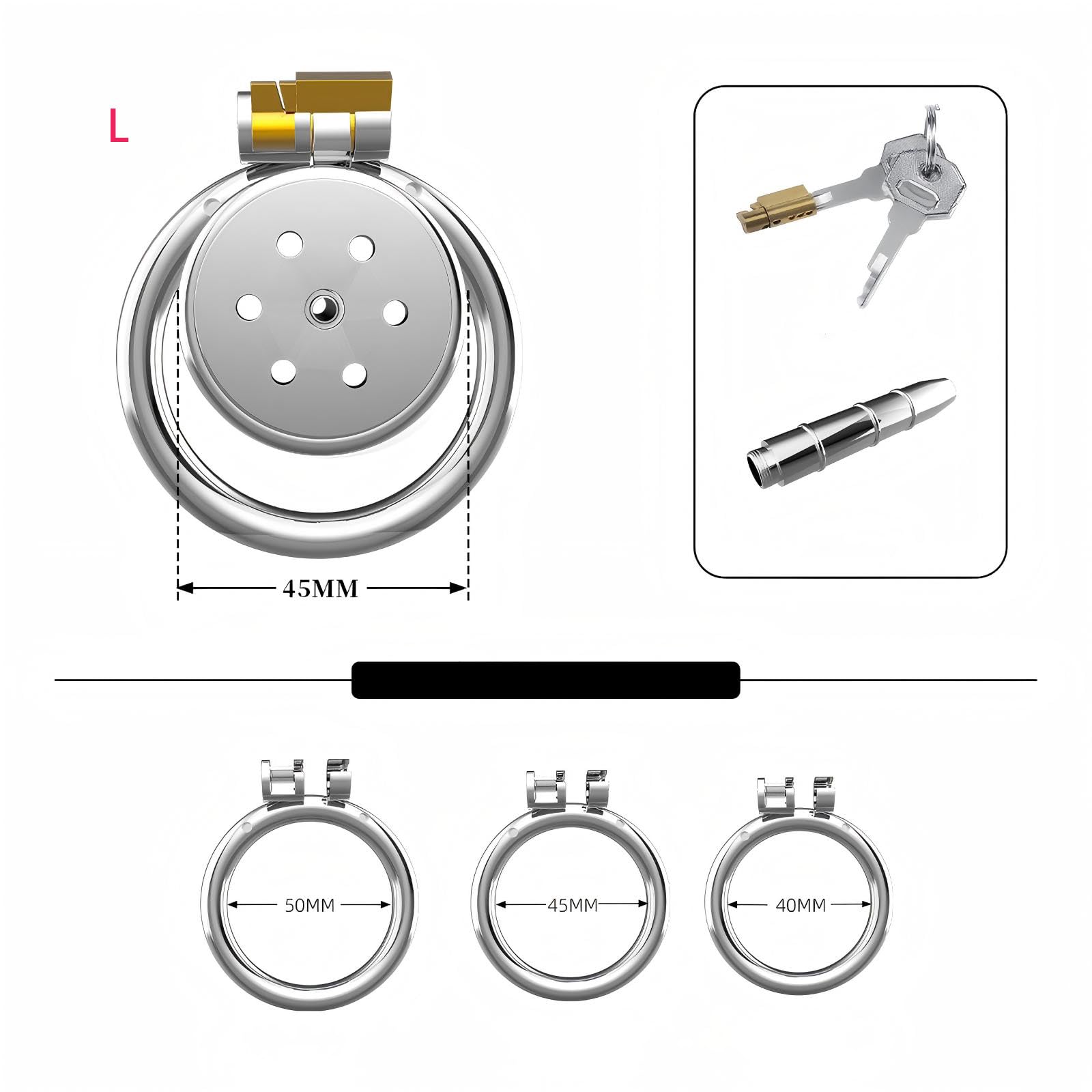 Cage de Chasteté Plate pour Pénis Sex Toys Chastity Cage Man en Acier Inoxydable avec Cathéter et Trois Anneaux Différents Cage Chastetée avec Ceinture et Serrure pour Bondage le Pénis (L)