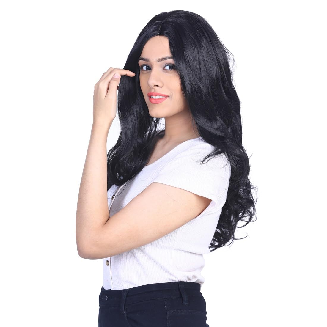 AHS Women’s Curly Wavy Synthetic Wig 24” Natural Look Full Head Hair Wig Middle Part Black Perfect for Party Wedding Casual Wear with Comfortable Net Cap