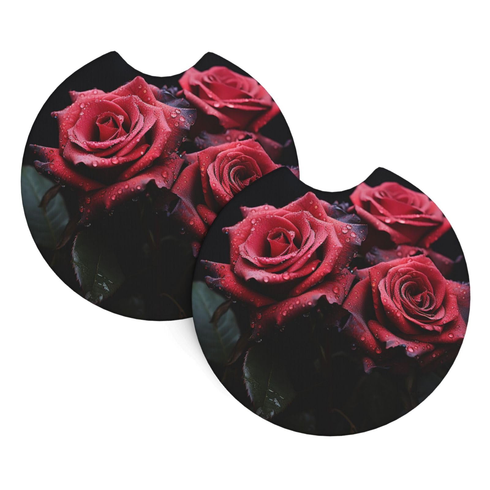 2PCS Car Coaster for Cup Holders Universal Auto Cup Mat Red Rose and Black Leaves Cup Coaster Pad 2.7" Waterproof Neoprene Non-Slip Cup Holder Coasters Car Interior Accessories for Women Men