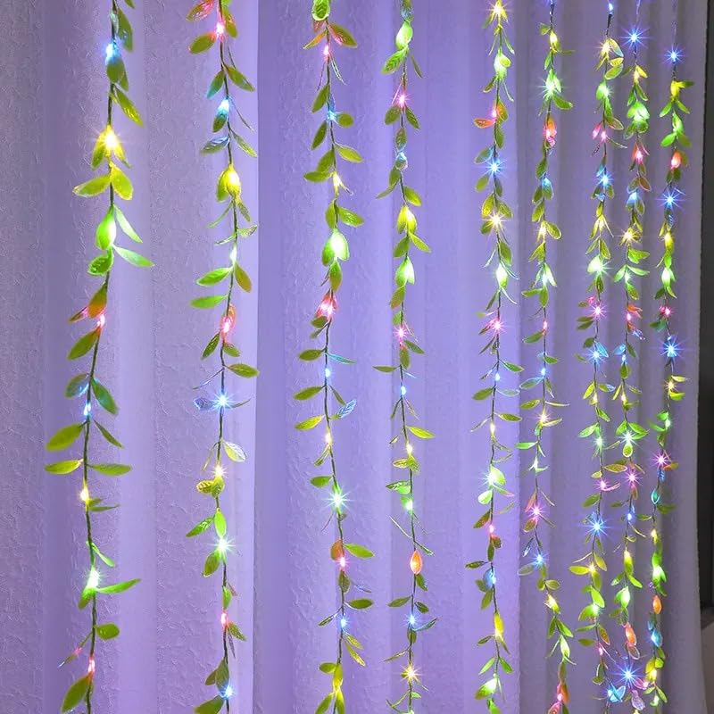 Image of URM Artificial Vine Leaf Curtain LED String Copper Light, 200 LEDs, 8 Modes, Remote Control, Adjustable Brightness, AC Plug, 3x2m- for Bedroom, Garden & Birthday Decor (Multicolor, 3x2 Meter)