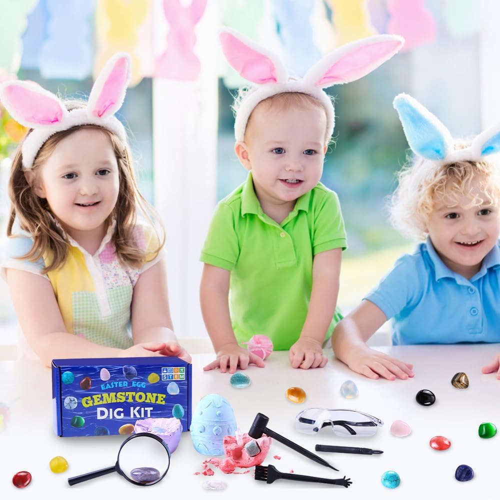 DIYDEC 3 Pack Easter Egg Dig Kit Real Gemstones Excavation Kit for Kids Easter Geology Toys Rock Digging Kit Easter Science Educational Gift for Boys Girls Easter Basket Stuffers Party Favor
